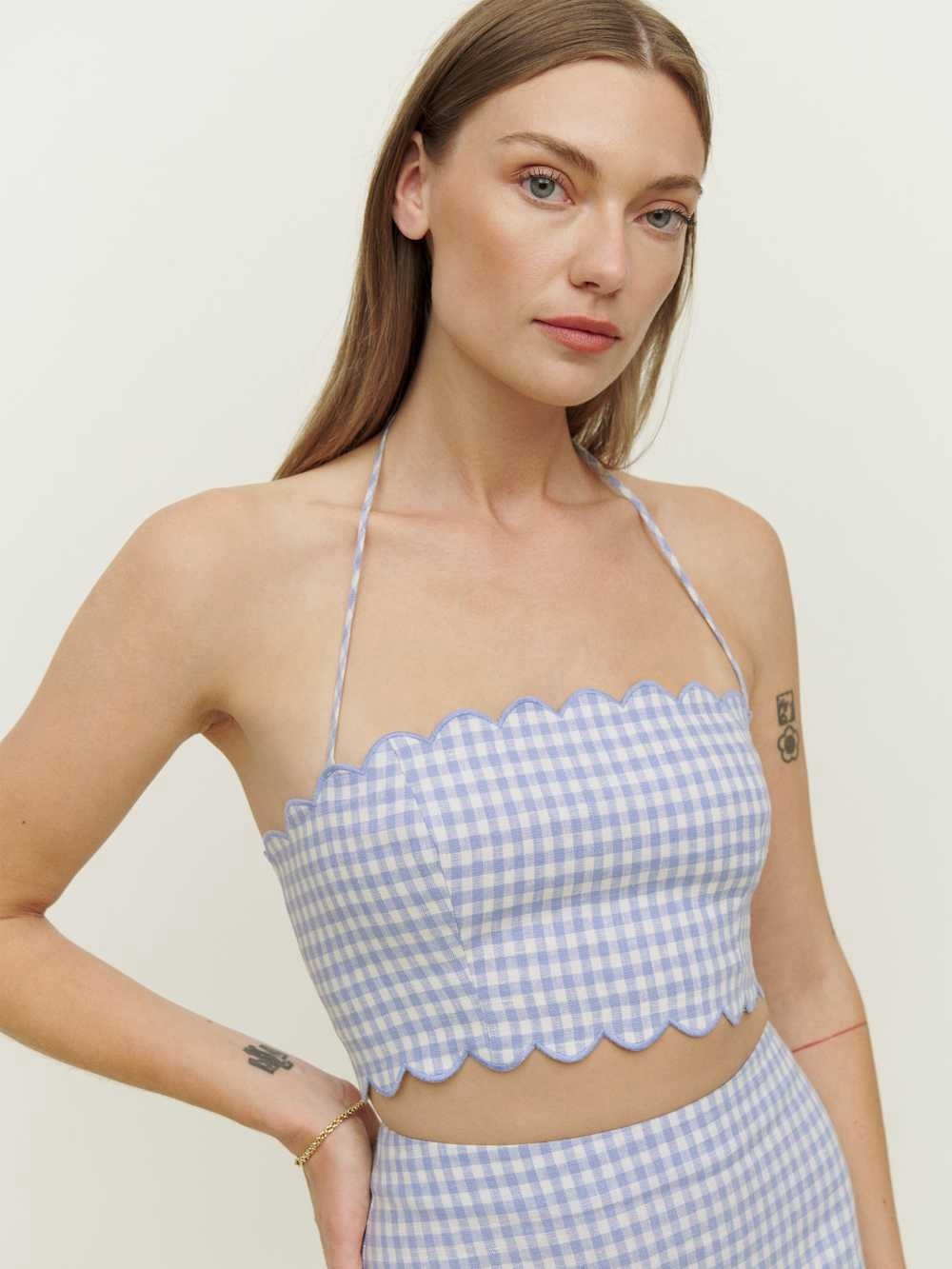 Reformation Yvonne Scalloped Crop Halter Top Blue & White Gingham
